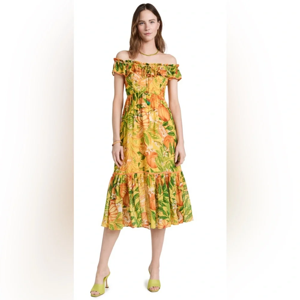 FARM Rio Tangerines Ruffled Midi Dress Size Medium - Picture 1 of 3